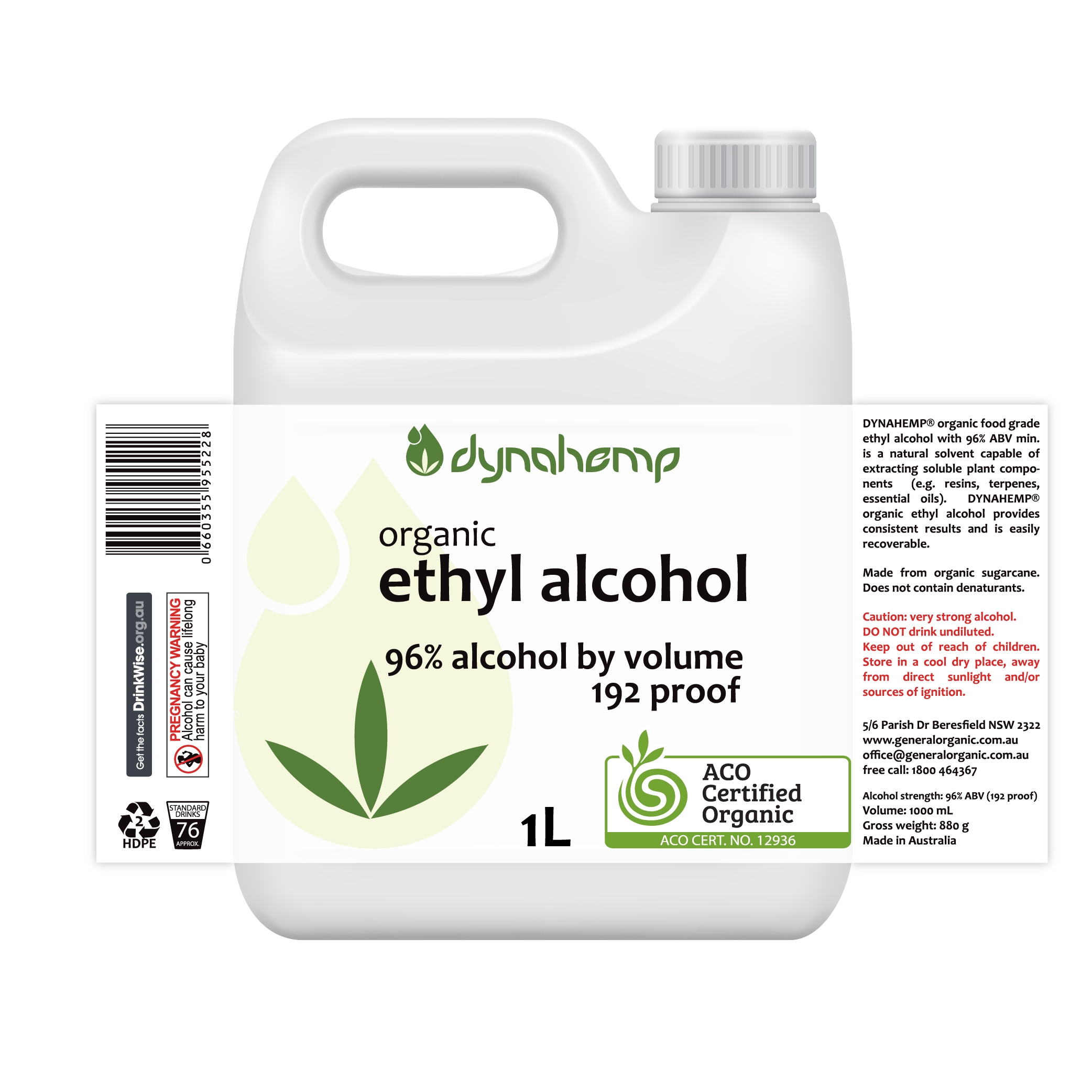 DYNAHEMP organic ethyl alcohol food grade 96% ABV 192 proof